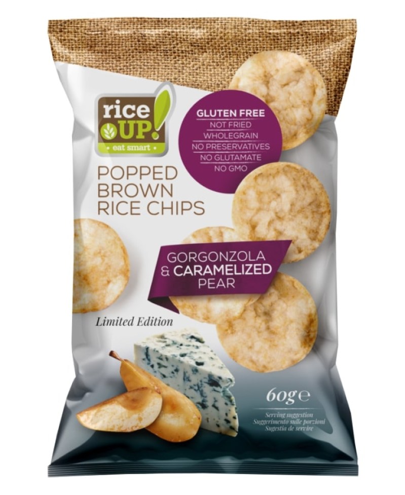 Rice Up Barna rizs chips gorgonzola sajt és karamellizált körte ízű 60 g